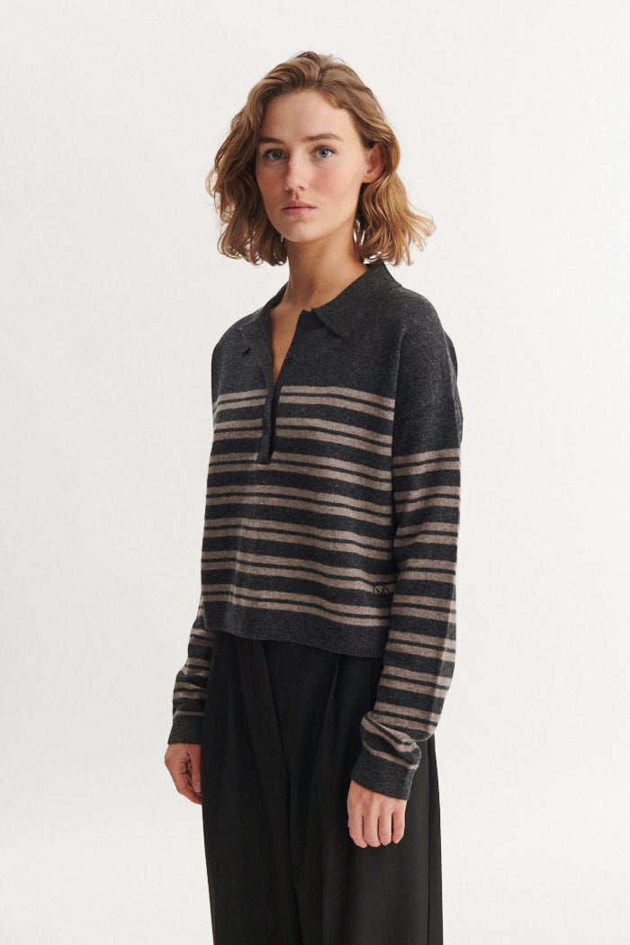 Basic Apparel Selem Stripe Polo Sweaters 857 grey melange / portabella